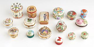 Group of Sixteen Enamel and Porcelain Pillboxes, 20th c., two by Rochaud, one Lefton, thirteen Halcyon Days, and one a music box, Music Box- H.- 2 3/8