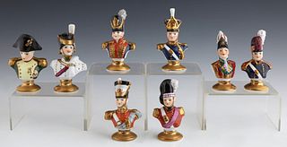 Set of Eight Limoges Porcelain Miniature Busts, 20th c., of Napoleonic Generals and the Emperor himself, H.- 5 in., W.- 2 1/2 in., D.- 2 in. Provenanc