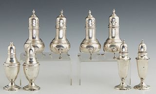 Group of Four Pair of Sterling Salt and Pepper Shakers, 20th c., four footed examples by the Rockford Silver Co., two square examples by the Howard Co