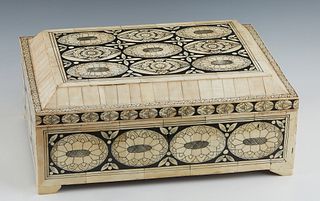 Oriental Carved Bone Clad Document Box, 20th c., of sarcophagus form, with scrimshaw decoration, on block feet, with key, H.- 5 1/2 in., W.- 13 3/8 in