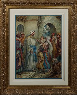 Paul Hardy (1862-1942, British), "Jesus Healing the Ill," 20th c., mixed media on paper, signed lower left, presented in a gilt frame, H.- 23 3/8 in.,