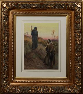 Evelyn Stuart Hardy (1866-1935, British), "Mary and Joseph in the Desert," 20th c., watercolor on paper, signed lower left, presented in a gilt frame,
