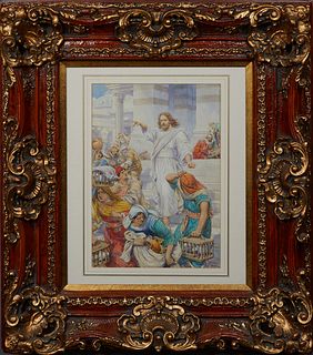 Ambrose Dudley (19th/20th c., British), "Jesus Cleansing of the Temple," early 20th c., watercolor on paper, signed lower right, image from Mark 11: 1
