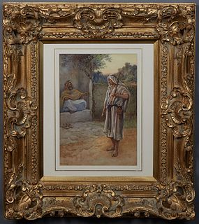 Evelyn Stuart Hardy (1866-1935, British), "The Beggar and the Bedouin," 20th c., watercolor on paper, signed lower left, presented in a gilt frame, H.