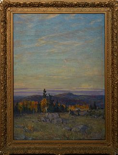 Franklin (Peleg Franklin) Brownell (1857-1946, Massachusetts/Canada), "Landscape View with Aspens," 1929, oil on burlap, initialed and dated lower rig