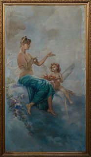 Continental School, "Venus and Cupid," early 20th c., oil on canvas, unsigned, presented in a gilt and gesso frame, H.- 66 1/4 in., W.- 36 3/4 in., Fr