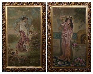 Pair of Painted Tapestries, 19th c., unsigned, after Heva Coomans (1860–1939, Belgium), "The Flower Seller," and "Roman Woman with Three Putti," each 