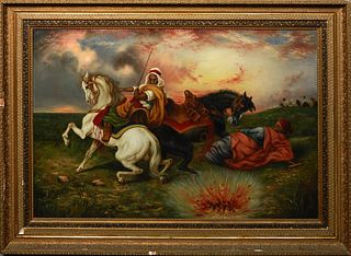 Orientalist School, "Arab on Horseback," 20th c., oil on canvas, signed Ellsworth lower right, presented in a gilt and gesso frame, H.- 35 3/4 in., W.