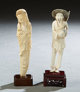 Two Chinese Carved Bone Figures, early 20th c., one of a Kwan Yin with a child; the other of a fisherman with a large fish, both on carved mahogany st