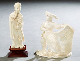 Two Chinese Carved Bone Figures, early 20th c., one of a sage, on a stepped mahogany base; the other of a fisherwoman holding her net, on an integral 
