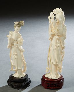 Two Chinese Carved Bone Kwan Yin Figures, early 20th c., on custom carved circular pierced mahogany bases, Larger- H.- 10 in., W.- 2 1/2 in., D.- 2 in
