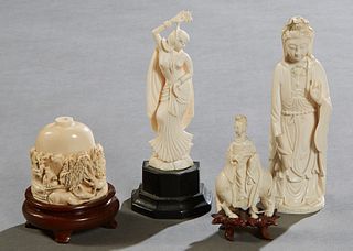 Group of Four Chinese Carved Bone Items, early 20th c., consisting of a Kwan Yin; a figural snuff bottle with a man on a horse, on a carved hardwood s