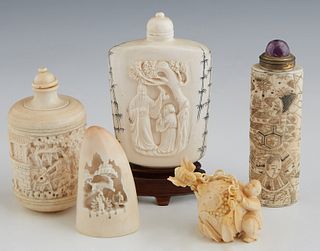 Group of Five Chinese Carved Bone Items, early 20th c., consisting of four snuff bottles, one with calligraphic inscriptions and scrimshaw decoration,