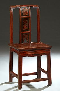 Antique Chinese Carved Beech Side Chair, late 19th c., the canted curved back with a central carved splat, to a rectangular seat with a carved skirt, 
