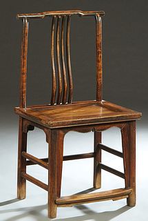 Chinese Caved Elm Side Chair, 19th c., Qing dynasty, the curved crest rail over a serpentine spindled back splat, to a square seat, above a scalloped 