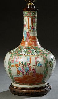 Chinese Famille Rose Porcelain Baluster Urn, 19th c., the tall neck over sides with reserves of flowers and birds, and interior scenes, now mounted on