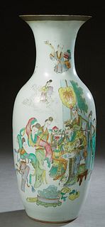 Large Chinese Porcelain Baluster Vase, 19th c., the everted gilt rim over figural and landscape sides, verso with calligraphic inscriptions, H.- 23 in