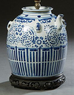 Large Chinese Baluster Form Porcelain Oil Jar 20th c., with blue and white decoration, on a carved mahogany base, wired as a lamp, H.- 11 1/4 in., W.-