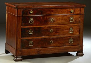French Louis Philippe Carved Walnut Commode, 19th c., the rounded corner top over a frieze drawer and three setback deep drawers, on a plinth base on 