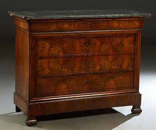 French Louis Philippe Carved Walnut Marble Top Commode, 19th c., the rounded corner reeded edge highly figured marble over a cavetto frieze drawer ove