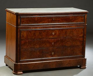 French Louis Philippe Carved Walnut Marble Top Secretary Commode, 19th c., the inset canted corner figured white marble over a drop front secretary dr