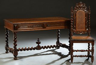 French Louis XIII Style Carved Walnut Writing Table, late 19th c., the rounded edge top over two frieze drawers, on rope twist legs joined by rope twi