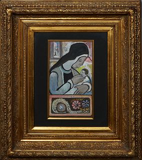 Emerson Bell (1932-2006, Louisiana), "Nun with Child," 20th c., oil on paper, initialed lower left, presented in an ornate gilt frame, H.- 12 3/8 in.,