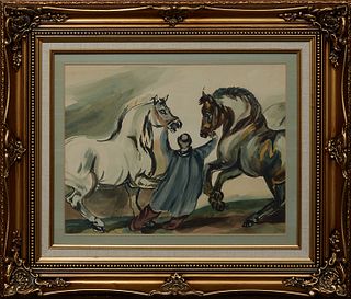 Continental School, "Rounding Up the Horses," early 20th c., watercolor on paper, unsigned, presented in a gilt frame, H.- 13 3/4 in., W.- 17 5/8 in.,