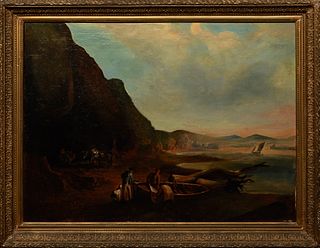 After William Shayer (1788-1879, British), "Coastal Scene," 19th c., oil on canvas, unsigned, with artist info en verso, presented in a gilt and gesso