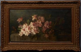 Sophie Spielman (1874-1939, Dutch), "Azalea Bouquet," early 20th c., oil on canvas, signed lower right, presented in a gilt frame, H.- 16 in., W.- 30 