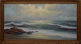 Cornelius Schippers (Danish), "Seascape," 20th c., oil on canvas, signed lower right, presented in a gilt frame, H.- 23 1/2 in., W.- 47 1/2 in., Frame