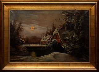 Continental School, "Night View of the Mill," 1891, oil on canvas, signed "Humphrey" and dated lower left, presented in a gilt frame, H.- 23 3/8 in., 
