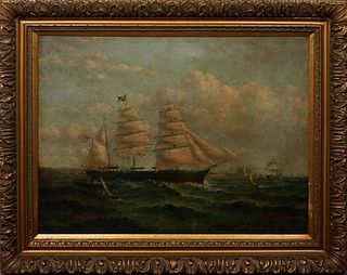 Robert Sanders (American), "Ships at Sea," late 20th c., oil on canvas, signed lower right, presented in a gilt frame, H.- 29 1/2 in., W.- 39 1/4 in.,