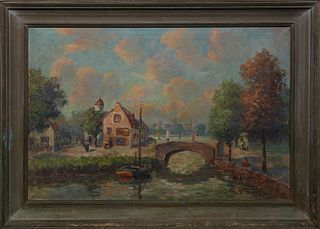 R. Kraft, "River and Town View," 20th c., oil on canvas, signed lower right, presented in a wood frame, H.- 23 1/2 in., W.- 35 1/2 in., Framed H.- 42 