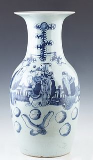 Large Chinese Blue Porcelain Baluster Vase, 20th c., the everted rim over a side with a blue painted exterior scene of a sage and a child, H.- 16 3/4 