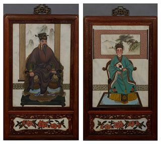 Pair of Unusual Chinese Polychromed Ancestor Paintings, 20th c., on alabaster, each portrait over a lower floral painted panel, in mahogany frames wit