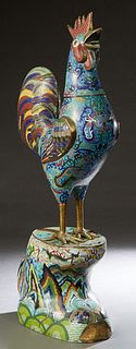 Large Chinese Cloisonne on Bronze Rooster Figure, 20th c., with a removable head, on a large oval shaped base, H.- 39 in., W.- 10 in., D.- 18 in. Prov