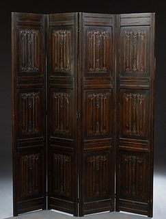 English Carved Oak Four Panel Dressing Screen, early 20th c., each panel with three double sided relief linenfold decorations, H.- 73 in., Each Panel-