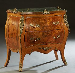 Louis XV Style Ormolu Mounted Mahogany Bombe Marble Top Commode, 20th c., the inset figured green marble atop two marquetry inlaid deep bombe drawers,