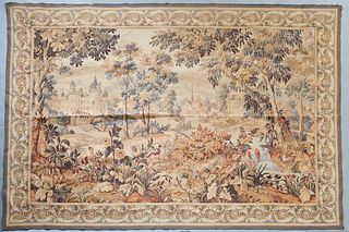 Large French Tapestry, early 20th c., of a chateau seen from a forest with birds, H.- 60 in., W.- 82 in.,