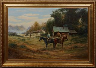 N.K. Park, "Home on the Range," 20th c., oil on canvas, signed lower left, presented in a gilt frame, H.- 23 1/2 in., W.- 35 1/2 in., Framed H.- 31 in