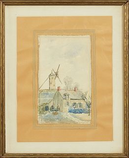 Continental School, "Farmhouse and Windmill," early 20th c., watercolor on paper, signed and dated indistinctly lower left, presented in a gilt frame,