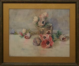 Lockhart, "Still Life of Poppies and Roses," 20th c., watercolor on paper laid to board, signed in pencil lower left, presented in a wood frame, H.- 1