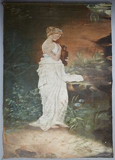 Continental School, "Grecian Style Woman with Jug," 20th c., oil painted tapestry, H.- 69 in., W.- 41 in.