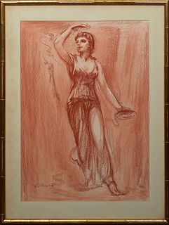 Charles Henry Reinike (1906-1983, Louisiana), "Grecian Woman with Plate," c. 1953, red charcoal on paper, signed and dated lower left, presented in a 