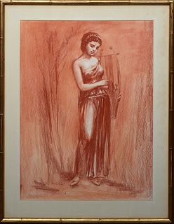 Charles Henry Reinike (1906-1983, Louisiana), "Grecian Woman with Lyre," 20th c., red charcoal on paper, signed lower left, presented in a faux bamboo