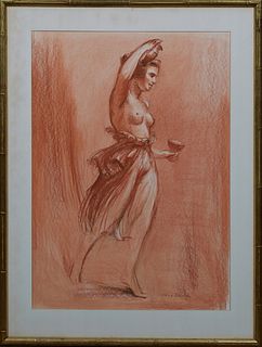 Charles Henry Reinike (1906-1983, Louisiana), "Grecian Woman with Wine Glass and Pitcher," c. 1953, red charcoal on paper, signed and dated lower righ