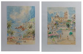 Mejia (Mexican), Pair of Watercolors on Paper, "View of Santa Pisca Church, Taxco, Mexico," and "Beach View," 1995, watercolors on paper, one signed a
