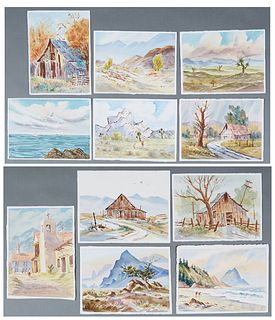 American School, eleven watercolors on paper landscapes consisting of: "Dog Walkers in the Desert," "Sailboats and Seagull," "Fall Farmyard," "Yuccas 