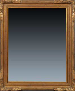 French Louis XV Style Gilt and Gesso Overmantle Mirror, 20th c., the wide frame with relief decorated corner around a dentillated liner and a rectangu
